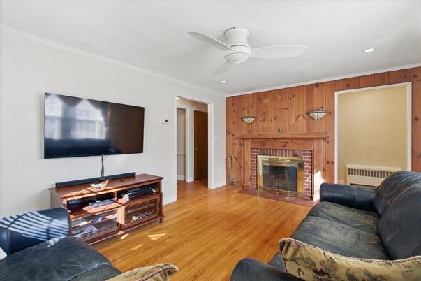 Fireplace, Interior, Recessed Lighting, Wood Texture Flooring, Wooden Walls
