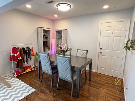 Dining room, Interior, Recessed Lighting, Wood Texture Flooring