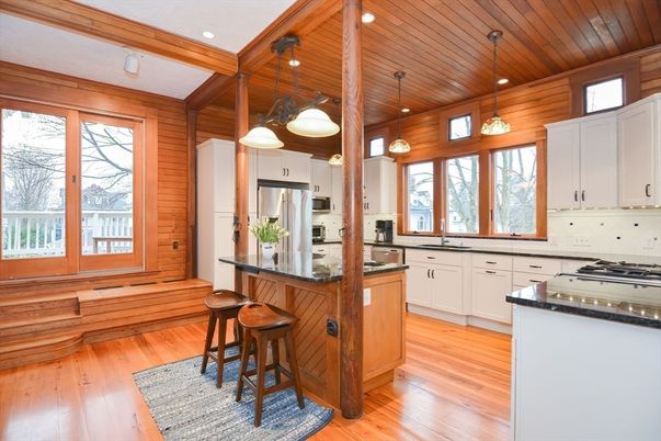 Interior, Kitchen, Pendant Lights, Recessed Lighting, Stainless Steel Appliances, Wooden Beams, Wooden Ceilings, Wood Texture Flooring