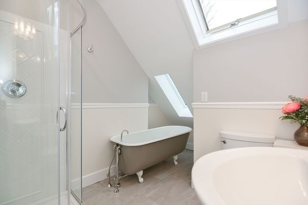 Bathroom, Free Standing Baths, Glass Shower, Interior, Wood Texture Flooring