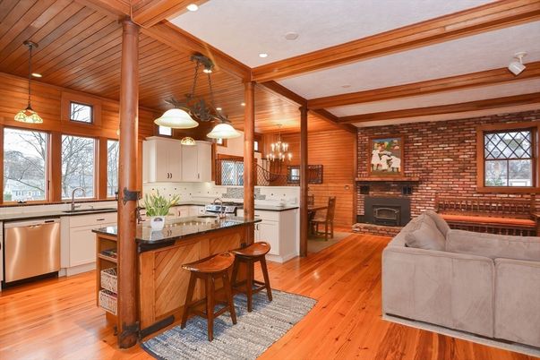 Fireplace, Interior, Kitchen, Pendant Lights, Recessed Lighting, Stainless Steel Appliances, Stone Walls, Wooden Beams, Wooden Ceilings, Wood Texture Flooring