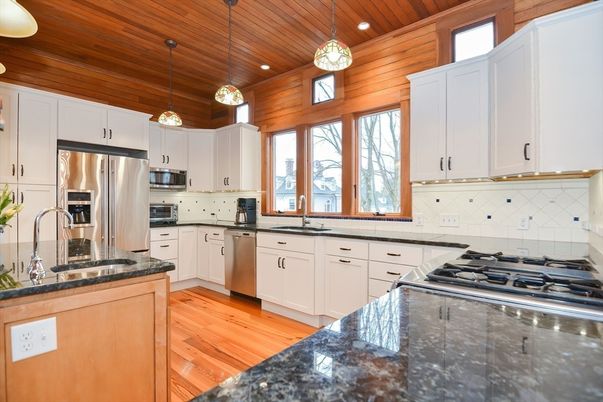 Interior, Kitchen, Pendant Lights, Recessed Lighting, Stainless Steel Appliances, Wooden Ceilings, Wood Texture Flooring