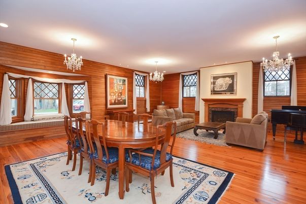 Chandelier, Dining room, Fireplace, Interior, Living room, Piano, Recessed Lighting, Wood Texture Flooring, Wooden Walls