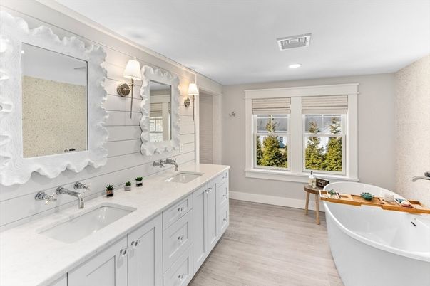 Bathroom, Dual Sink Vanities, Free Standing Baths, Interior, Recessed Lighting, Wood Texture Flooring