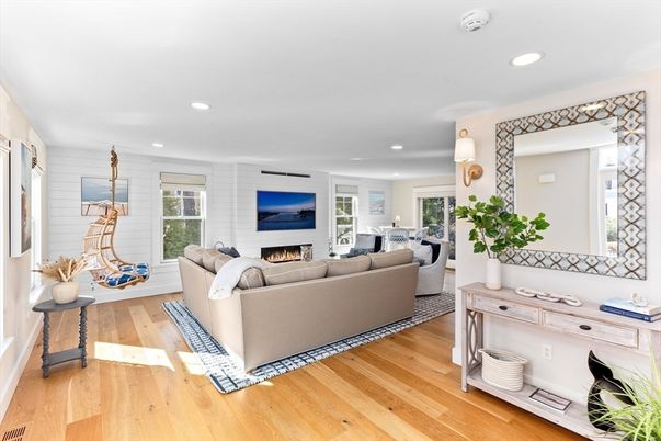 Fireplace, Interior, Living room, Recessed Lighting, Wood Texture Flooring