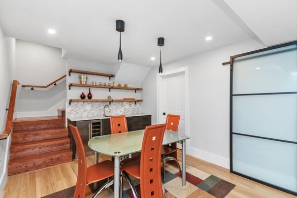 Dining room, Interior, Pendant Lights, Recessed Lighting, Wood Texture Flooring