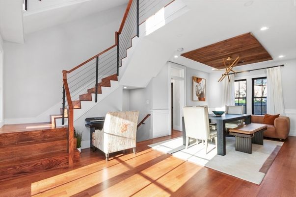 Dining room, Interior, Living room, Pendant Lights, Recessed Lighting, Wooden Ceilings, Wood Texture Flooring