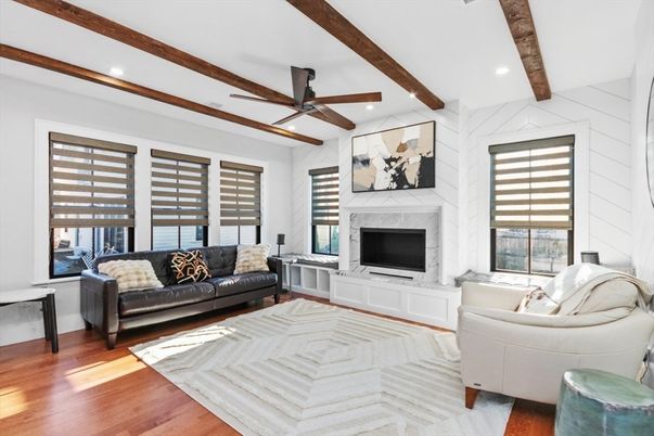 Fireplace, Interior, Living room, Recessed Lighting, Wooden Beams, Wood Texture Flooring