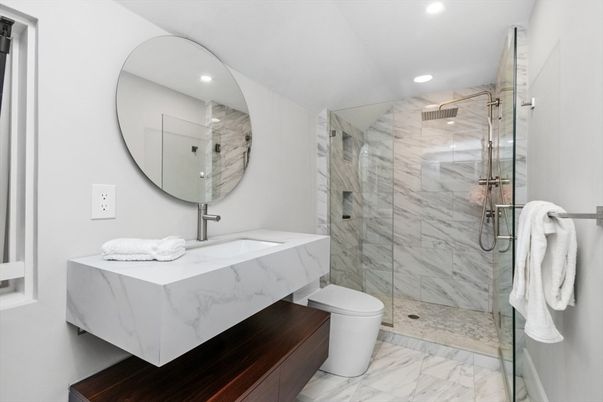Bathroom, Glass Shower, Interior, Marble, Marble Walls, Recessed Lighting