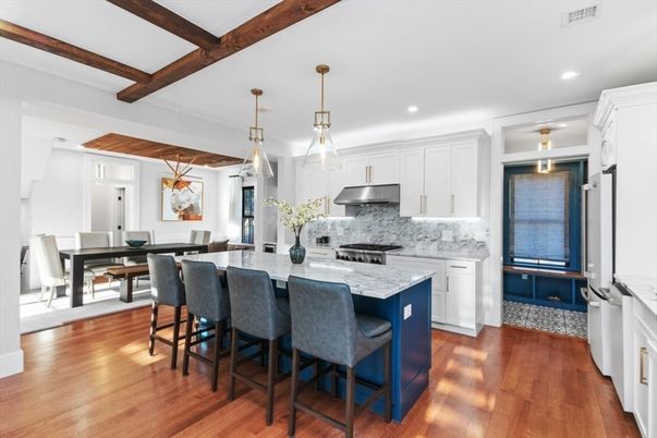 Dining room, Interior, Kitchen, Pendant Lights, Recessed Lighting, Stainless Steel Appliances, Wooden Beams, Wood Texture Flooring