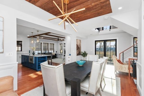 Dining room, Interior, Kitchen, Living room, Pendant Lights, Recessed Lighting, Wooden Beams, Wooden Ceilings, Wood Texture Flooring