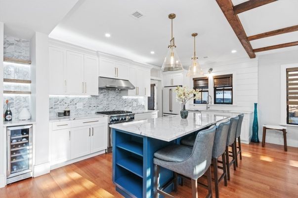 Interior, Kitchen, Pendant Lights, Recessed Lighting, Stainless Steel Appliances, Wooden Beams, Wood Texture Flooring