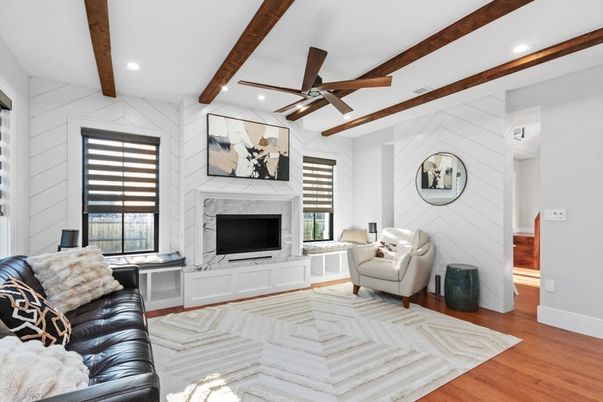 Fireplace, Interior, Living room, Recessed Lighting, Wooden Beams, Wood Texture Flooring