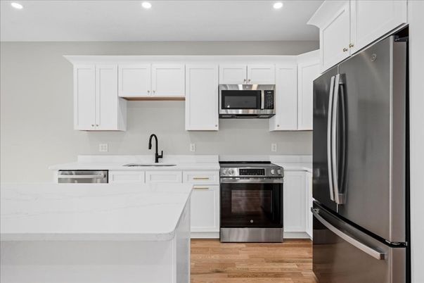 Interior, Kitchen, Recessed Lighting, Stainless Steel Appliances, Wood Texture Flooring