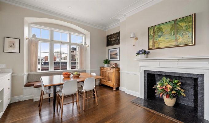 Dining room, Fireplace, Interior, Wood Texture Flooring