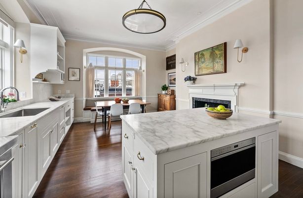 Dining room, Fireplace, Interior, Kitchen, Wood Texture Flooring