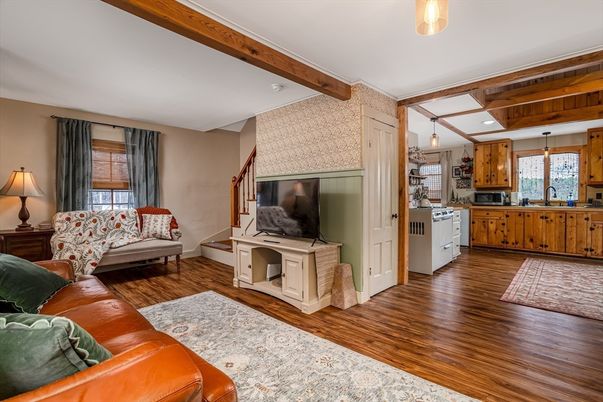Interior, Kitchen, Living room, Pendant Lights, Recessed Lighting, Wooden Beams, Wood Texture Flooring