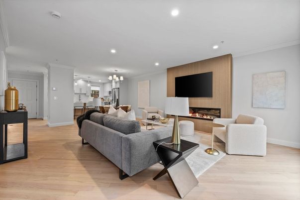 Dining room, Fireplace, Interior, Kitchen, Living room, Pendant Lights, Recessed Lighting, Wood Texture Flooring