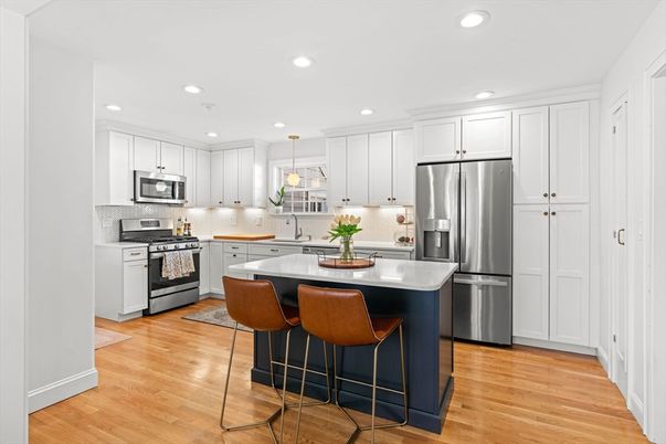 Interior, Kitchen, Pendant Lights, Recessed Lighting, Stainless Steel Appliances, Wood Texture Flooring