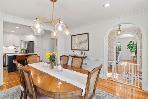 Dining room, Interior, Kitchen, Pendant Lights, Recessed Lighting, Stainless Steel Appliances, Wood Texture Flooring