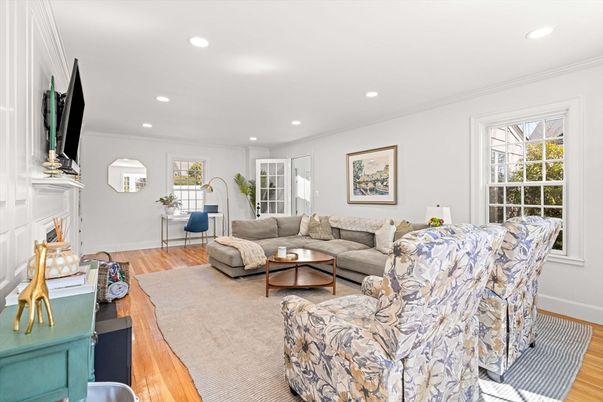 Fireplace, Interior, Living room, Recessed Lighting, Wood Texture Flooring
