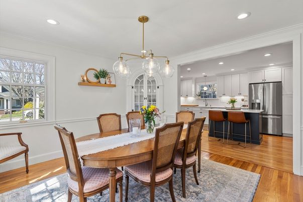 Dining room, Interior, Kitchen, Pendant Lights, Recessed Lighting, Stainless Steel Appliances, Wood Texture Flooring