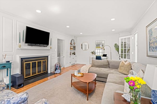 Fireplace, Interior, Living room, Recessed Lighting, Wood Texture Flooring