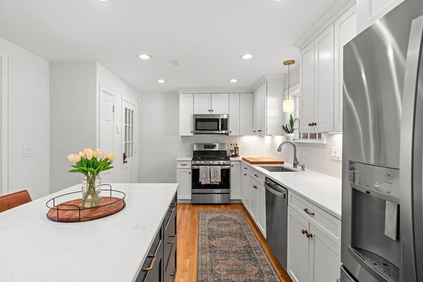 Interior, Kitchen, Pendant Lights, Recessed Lighting, Stainless Steel Appliances, Wood Texture Flooring
