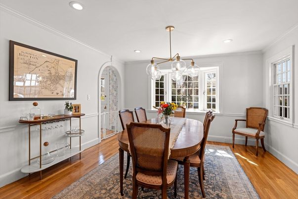 Dining room, Interior, Pendant Lights, Recessed Lighting, Wood Texture Flooring