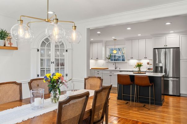 Dining room, Interior, Kitchen, Pendant Lights, Recessed Lighting, Stainless Steel Appliances, Wood Texture Flooring