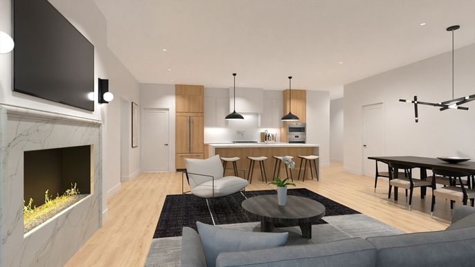 Dining room, Fireplace, Interior, Kitchen, Living room, Pendant Lights, Recessed Lighting, Stainless Steel Appliances, Wood Texture Flooring