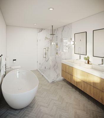 Bathroom, Dual Sink Vanities, Free Standing Baths, Glass Shower, Interior, Marble Walls, Recessed Lighting