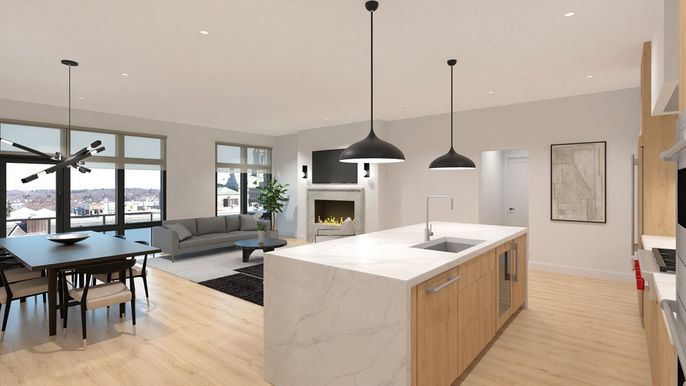 Dining room, Fireplace, Interior, Kitchen, Living room, Pendant Lights, Recessed Lighting, Wood Texture Flooring