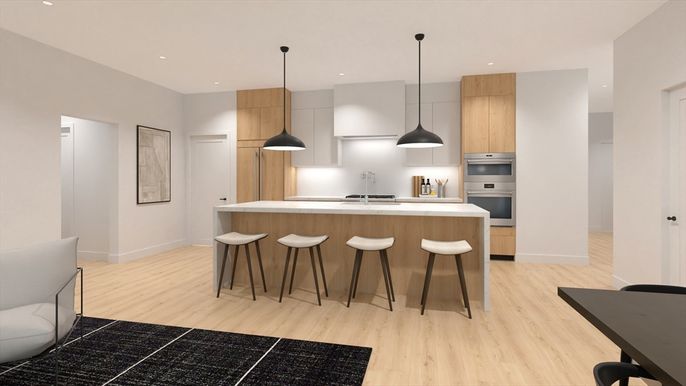 Interior, Kitchen, Pendant Lights, Recessed Lighting, Stainless Steel Appliances, Wood Texture Flooring