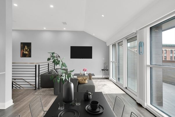 Dining room, Interior, Living room, Recessed Lighting, Wood Texture Flooring