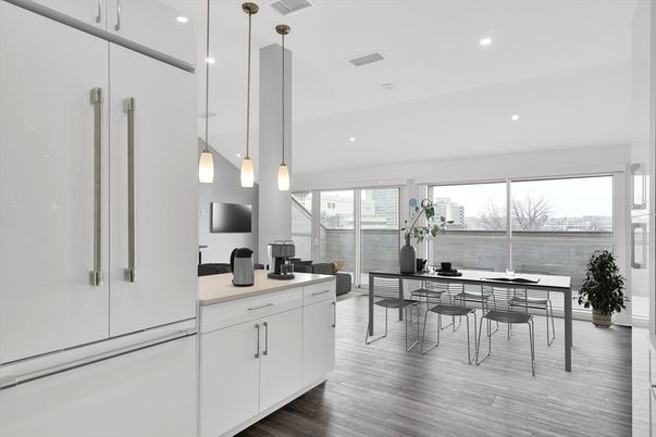 Dining room, Interior, Pendant Lights, Recessed Lighting, Wood Texture Flooring