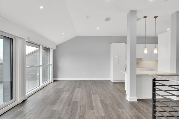 Empty room, Interior, Kitchen, Pendant Lights, Recessed Lighting, Wood Texture Flooring
