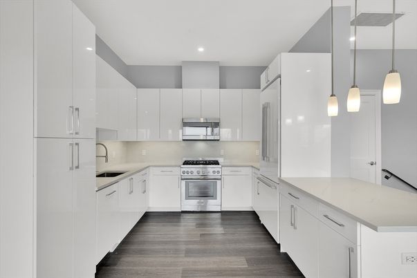 Interior, Kitchen, Pendant Lights, Recessed Lighting, Stainless Steel Appliances, Wood Texture Flooring