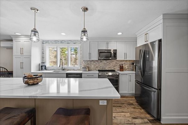 Interior, Kitchen, Pendant Lights, Recessed Lighting, Stainless Steel Appliances, Wood Texture Flooring