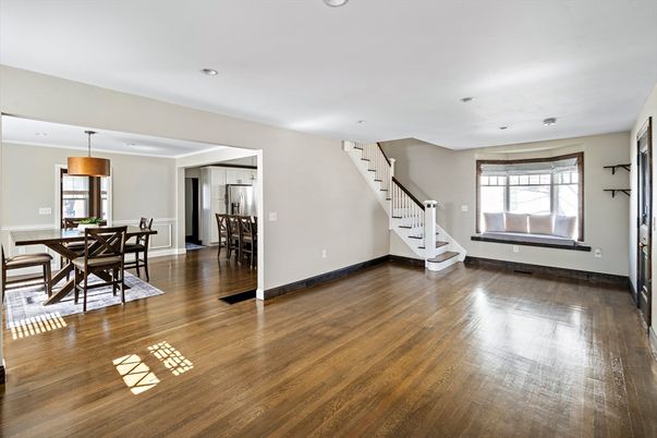 Dining room, Interior, Pendant Lights, Recessed Lighting, Wood Texture Flooring
