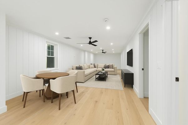 Dining room, Interior, Living room, Recessed Lighting, Wood Texture Flooring