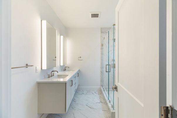 Bathroom, Dual Sink Vanities, Glass Shower, Interior, Marble