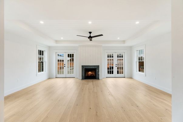Empty room, Fireplace, Interior, Recessed Lighting, Wood Texture Flooring