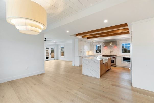 Interior, Kitchen, Pendant Lights, Recessed Lighting, Stainless Steel Appliances, Wooden Beams, Wood Texture Flooring