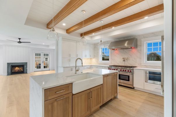 Fireplace, Interior, Kitchen, Pendant Lights, Recessed Lighting, Stainless Steel Appliances, Wooden Beams, Wood Texture Flooring