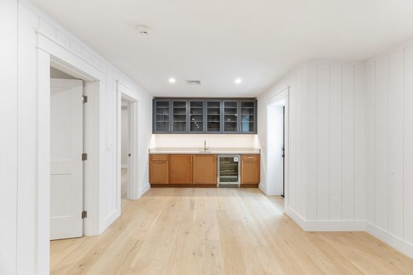 Empty room, Interior, Kitchen, Recessed Lighting, Wood Texture Flooring