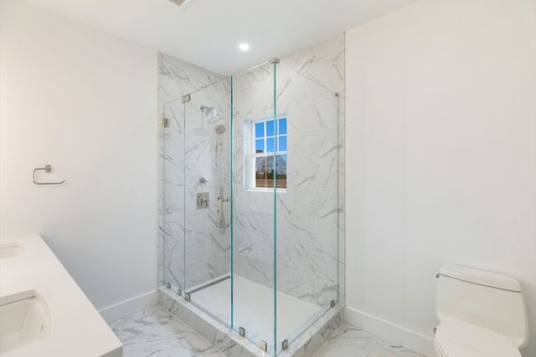 Bathroom, Glass Shower, Interior, Marble, Marble Walls, Recessed Lighting