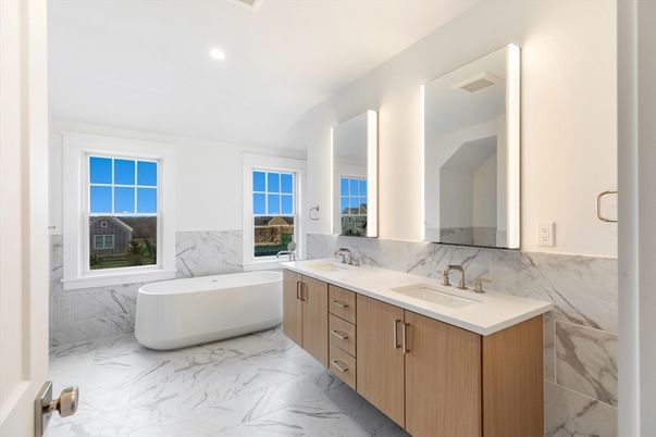 Bathroom, Dual Sink Vanities, Free Standing Baths, Interior, Marble, Marble Walls, Recessed Lighting