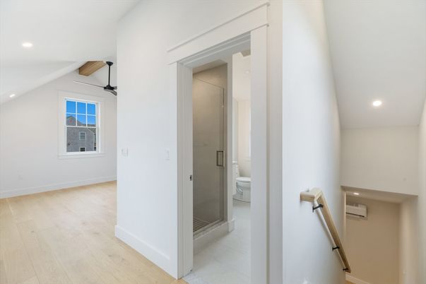 Bathroom, Glass Shower, Interior, Recessed Lighting, Wood Texture Flooring