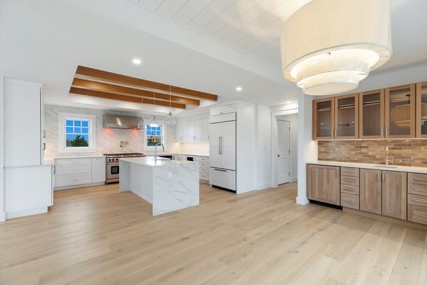 Interior, Kitchen, Marble Walls, Pendant Lights, Recessed Lighting, Stainless Steel Appliances, Wooden Beams, Wood Texture Flooring